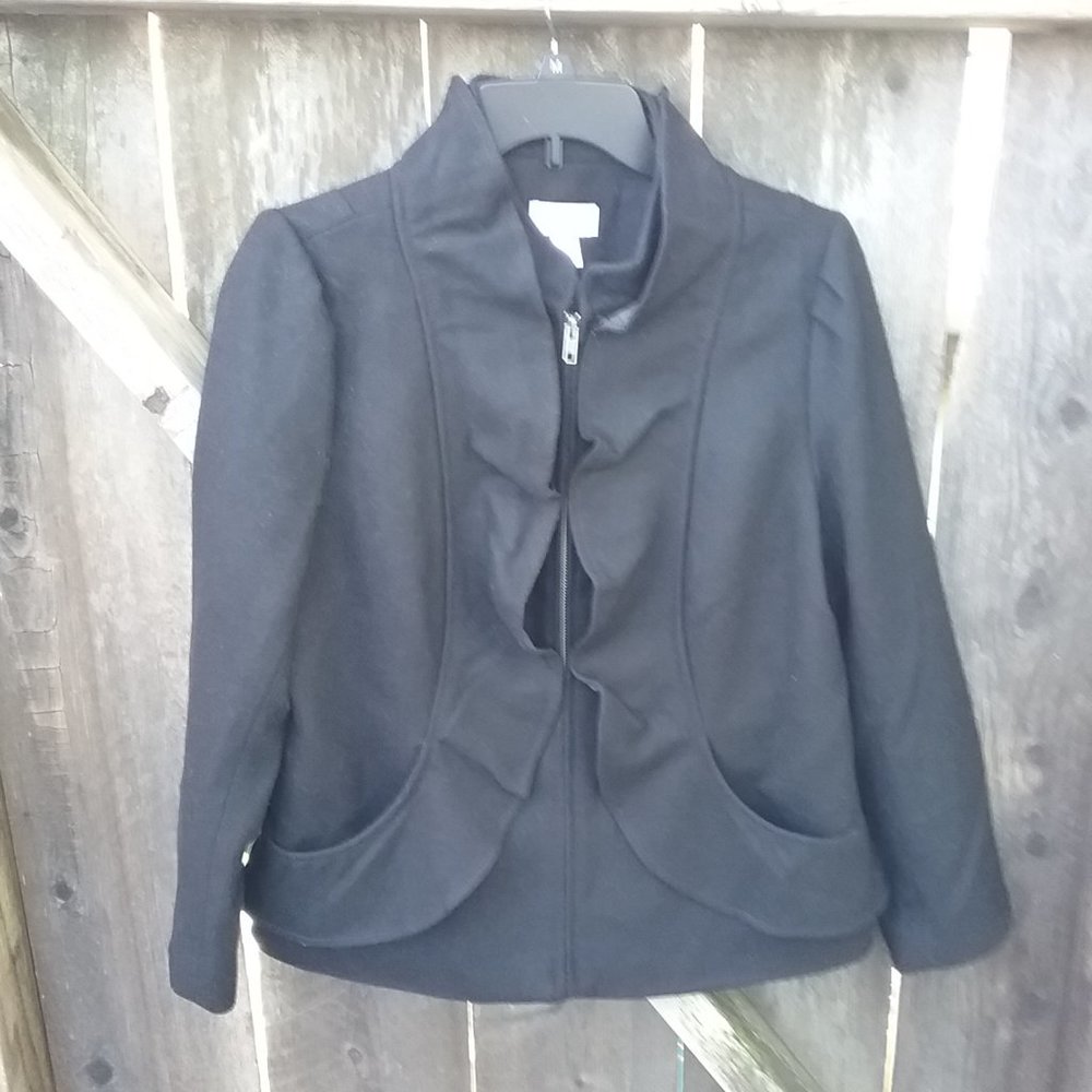 Black Ruffle Front Wool Blend Jacket Size LP Sculptural Classic Career Cocktail
